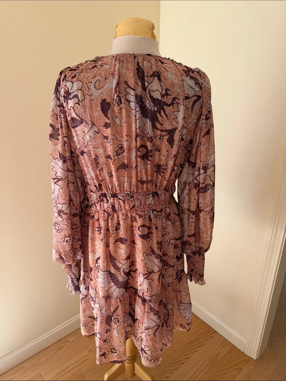 OPT Size L v neck floral boho long smocked sleeve mini dress